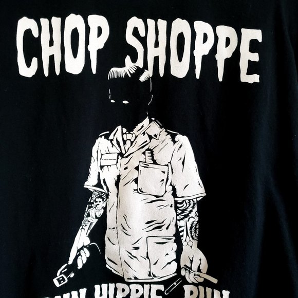 Gildan Run Hippie Run Chop Shoppe T-Shirt Womens Size XS Graphic Black/White - Picture 3 of 9